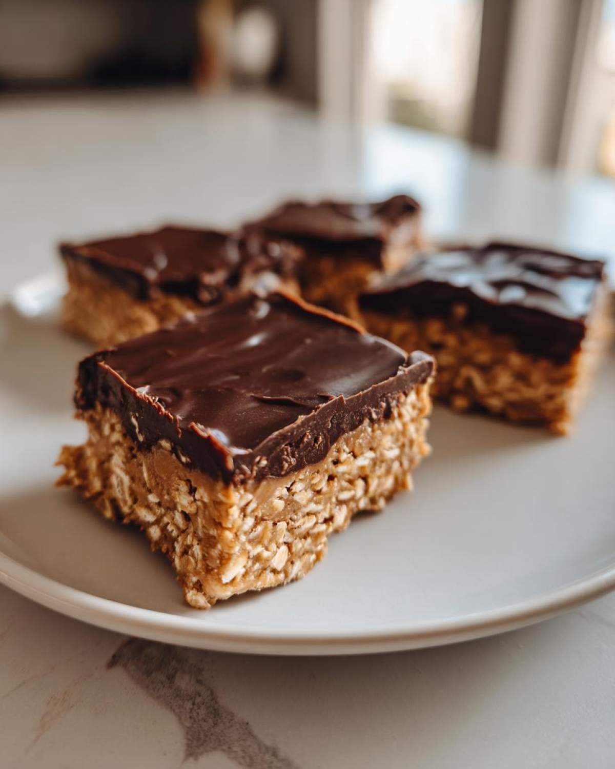 Four squares of No-Bake Chocolate Peanut Butter Oat Bars with a thick chocolate topping on a white plate.