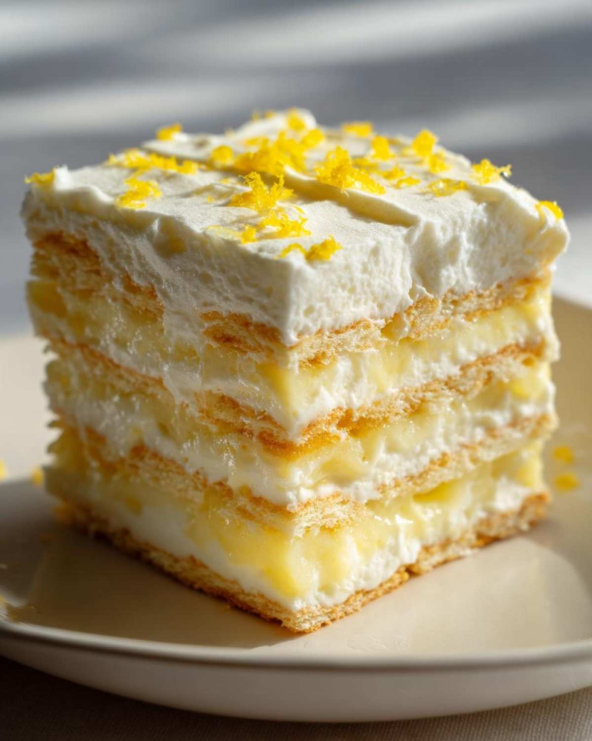 Close-up of a square slice of No-Bake Lemon Icebox Cake with layers of cream and lemon filling, topped with zest.