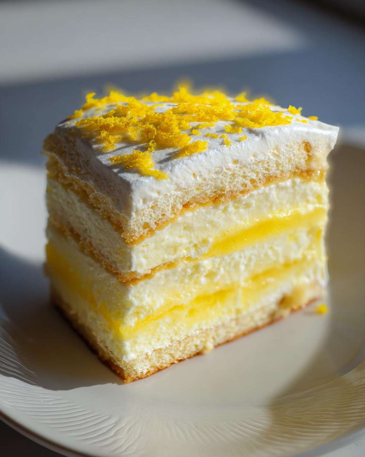 A perfectly layered slice of No-Bake Lemon Icebox Cake topped with bright yellow lemon zest.