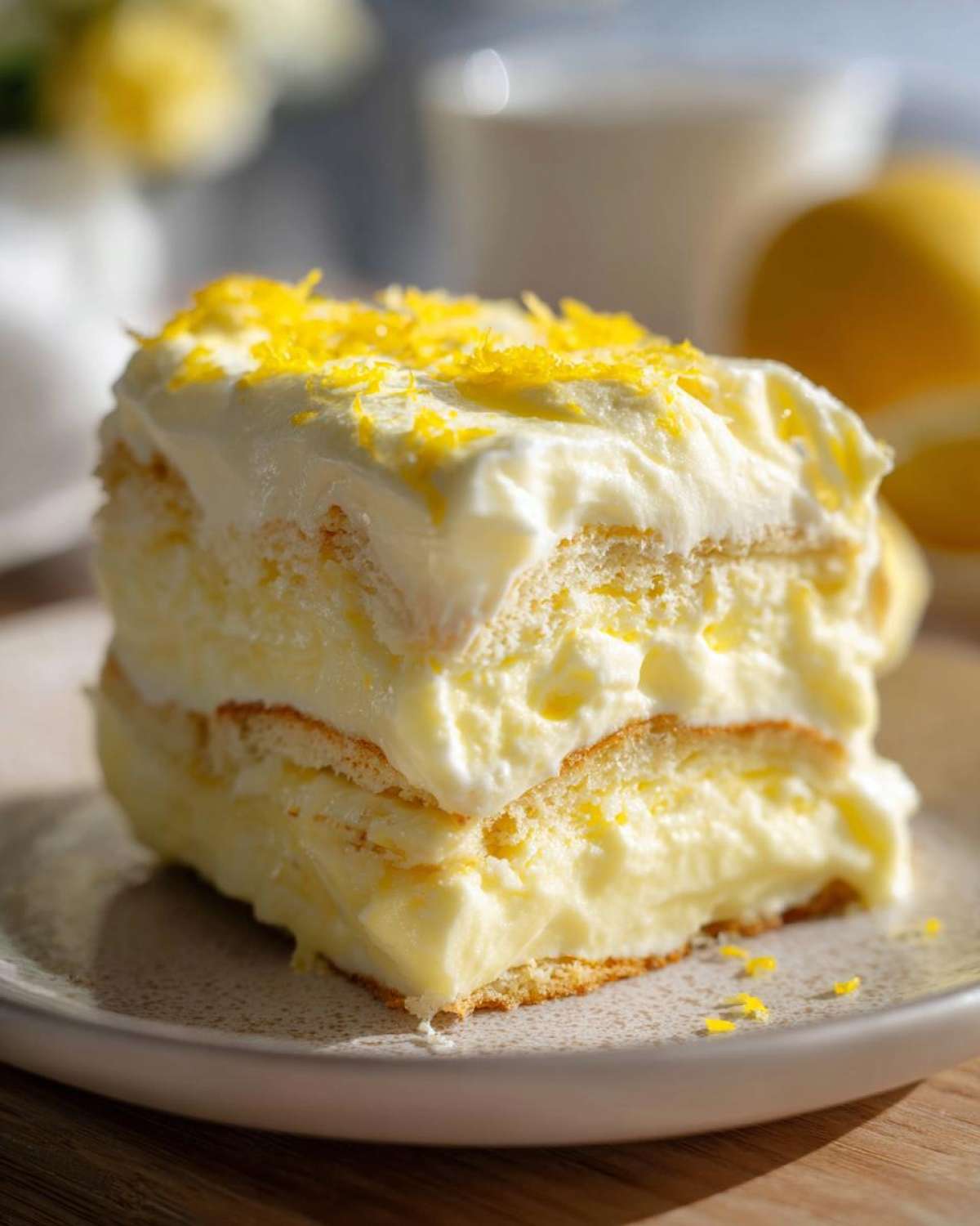 A close-up of a layered slice of No-Bake Lemon Icebox Cake topped with whipped cream and bright yellow lemon zest.