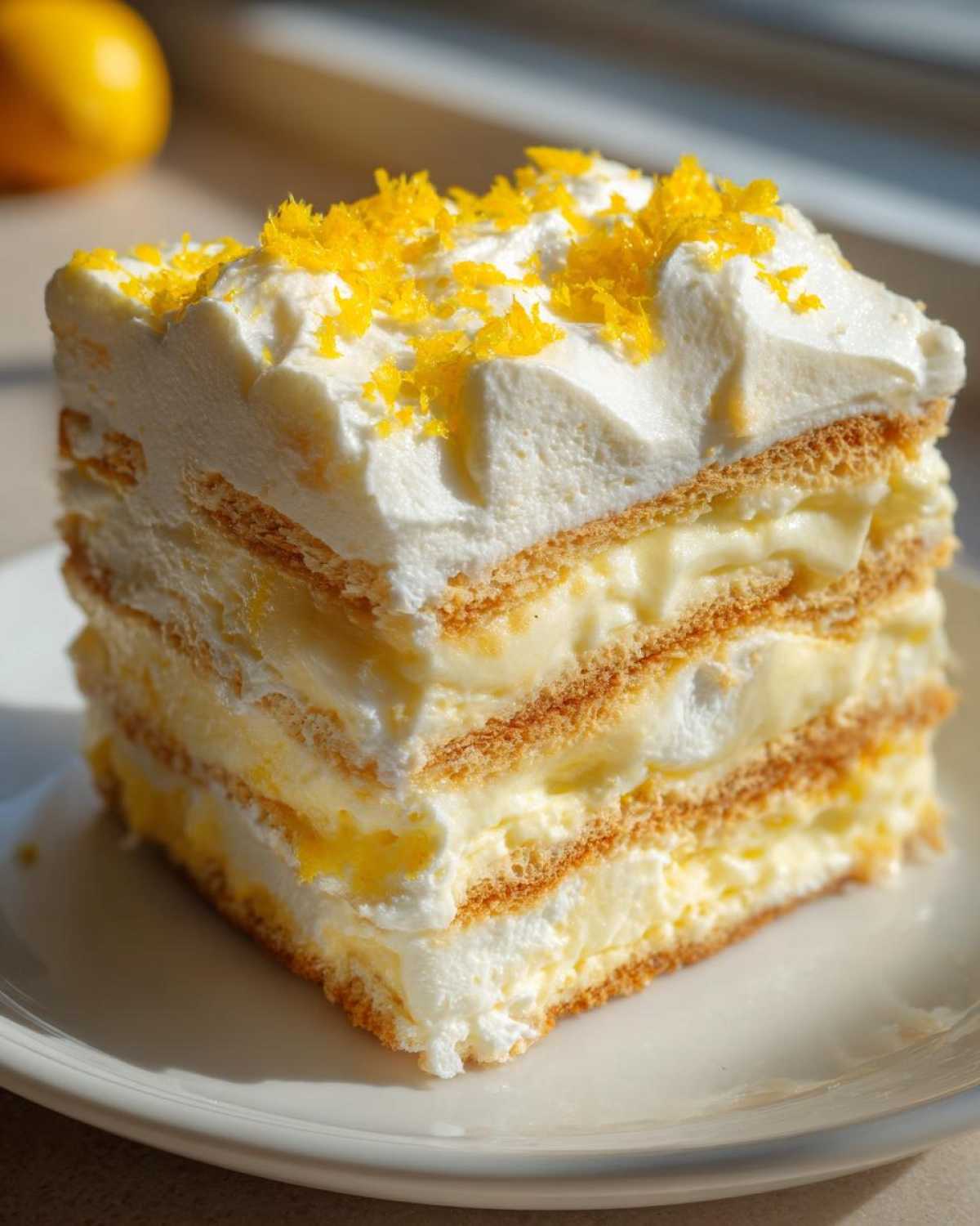 Close-up of a layered slice of No-Bake Lemon Icebox Cake topped with whipped cream and bright yellow lemon zest.