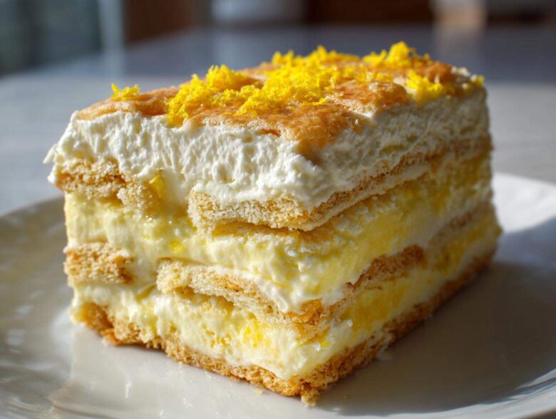 A tall slice of layered No-Bake Lemon Icebox Cake topped with whipped cream and bright yellow lemon zest.