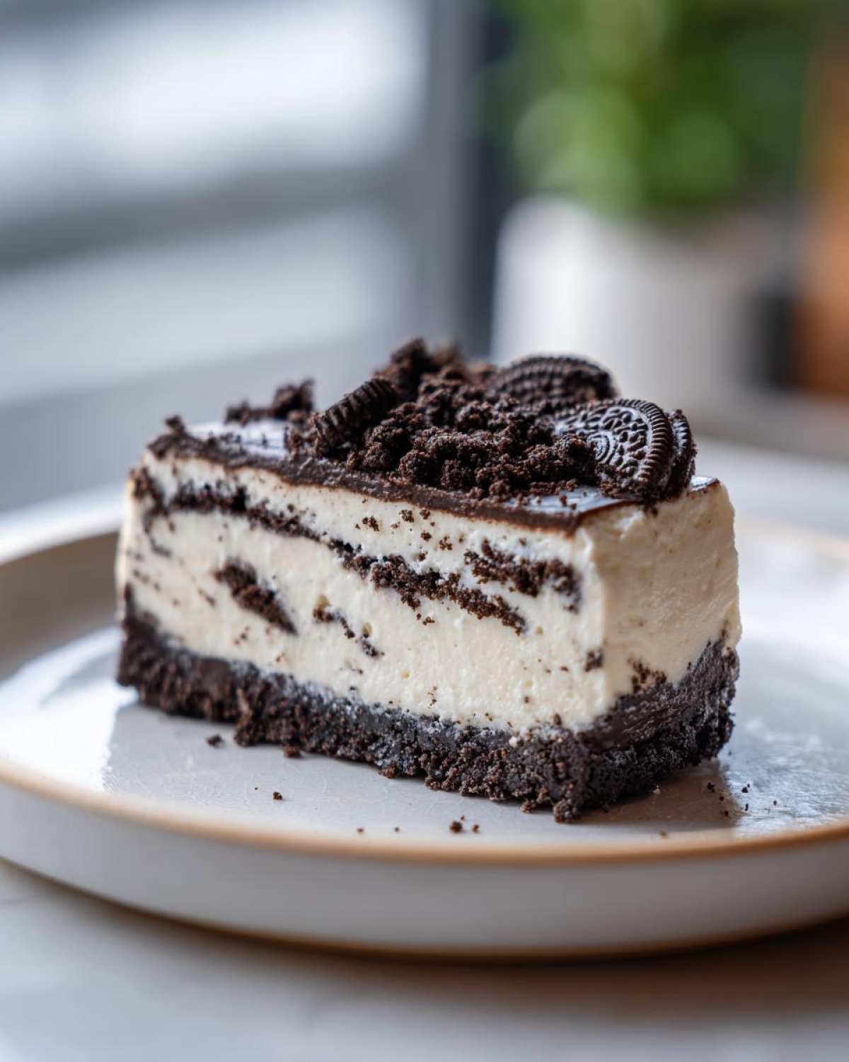 A decadent slice of No-Bake Oreo Cheesecake featuring a thick chocolate crust and creamy filling with Oreo pieces.