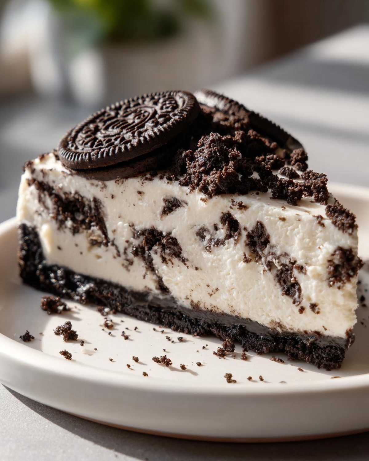 A decadent slice of No-Bake Oreo Cheesecake with a thick Oreo crust and topped with crushed cookies and whole Oreos.