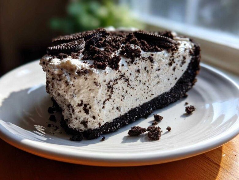 A thick slice of No-Bake Oreo Cheesecake with a creamy filling and dark crust, topped with crushed Oreos.