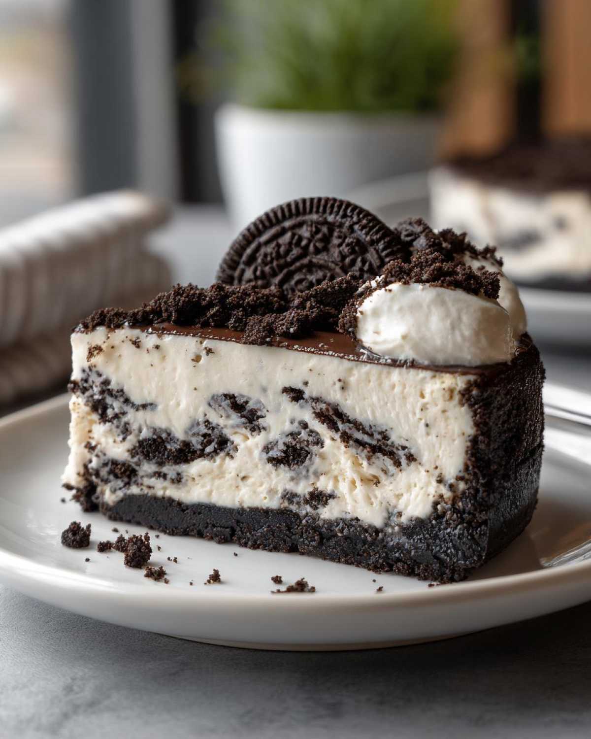 A decadent slice of No-Bake Oreo Cheesecake with a thick Oreo crust and creamy filling studded with cookie pieces.