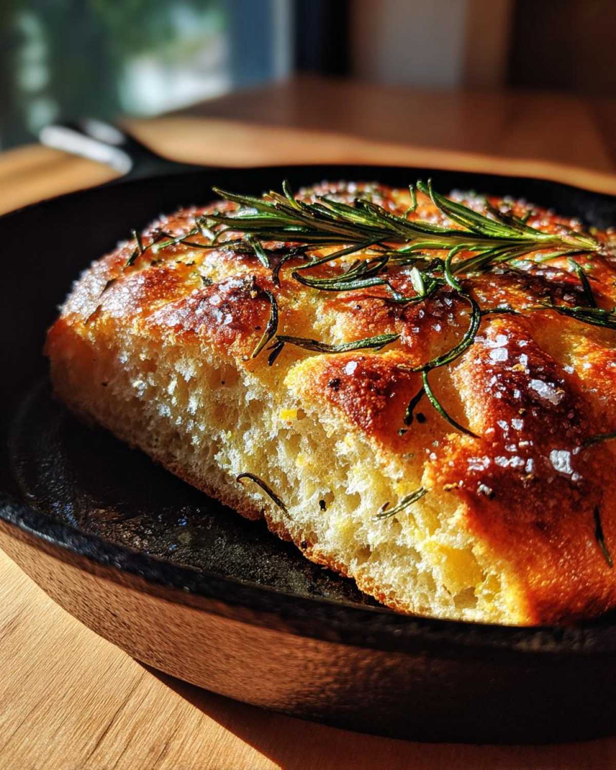 Close-up of golden No-Knead Skillet Focaccia topped with fresh rosemary and coarse salt.