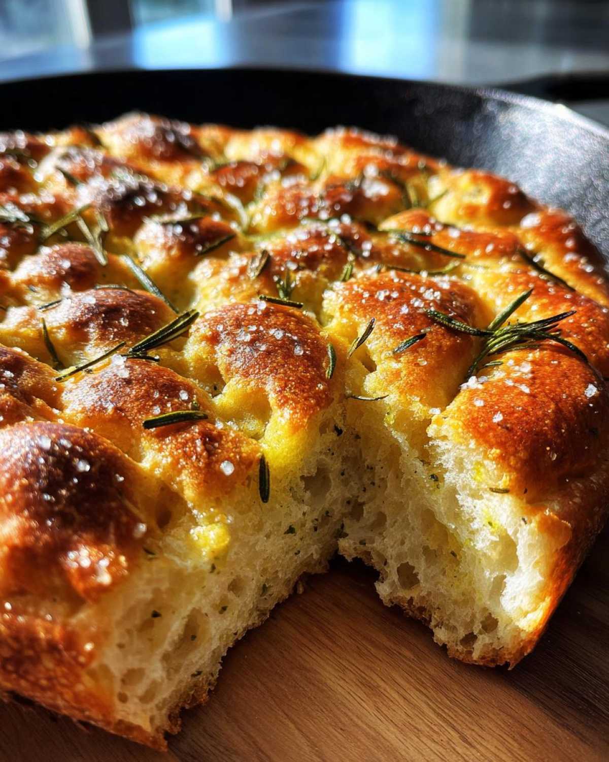 A golden brown No-Knead Skillet Focaccia with rosemary sprigs and coarse sea salt, showing a fluffy interior.