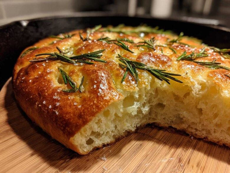 Close-up of golden No-Knead Skillet Focaccia with rosemary sprigs and coarse salt.
