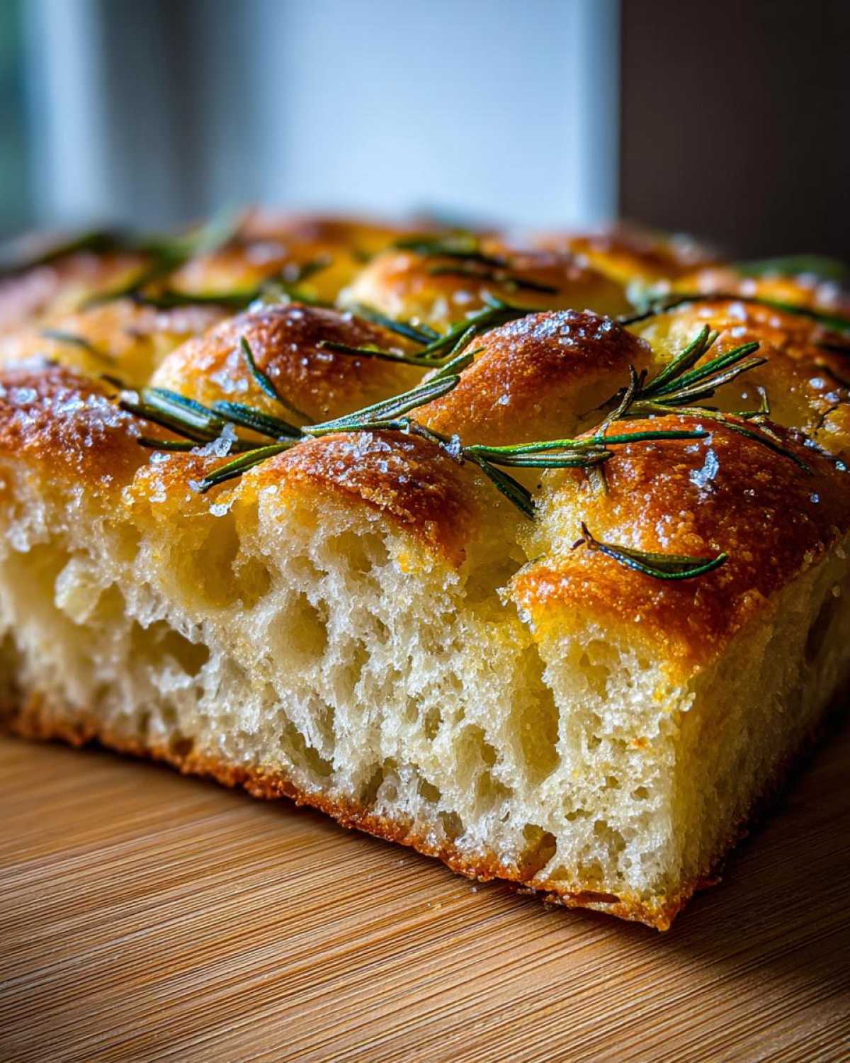 Cross-section view showing the airy crumb of No-Knead Skillet Focaccia topped with rosemary sprigs and coarse salt.