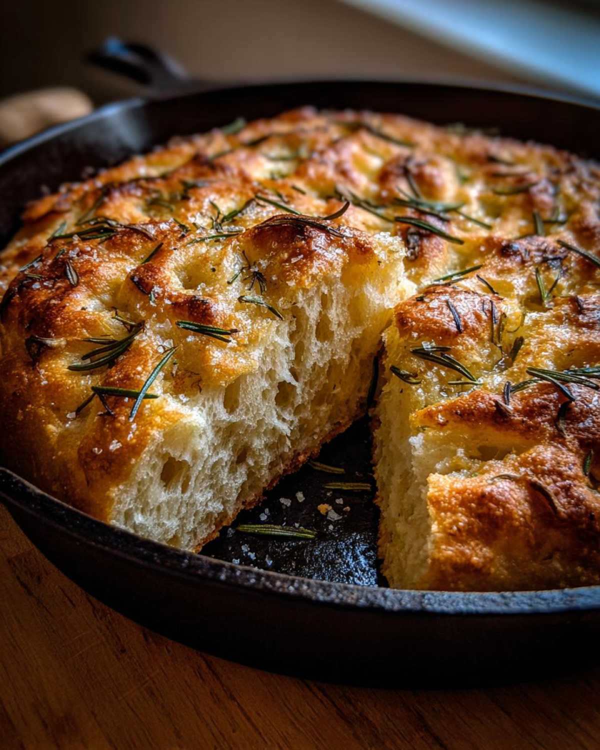 A piece of fluffy No-Knead Skillet Focaccia with Rosemary, showing its airy crumb, baked in a cast iron skillet.