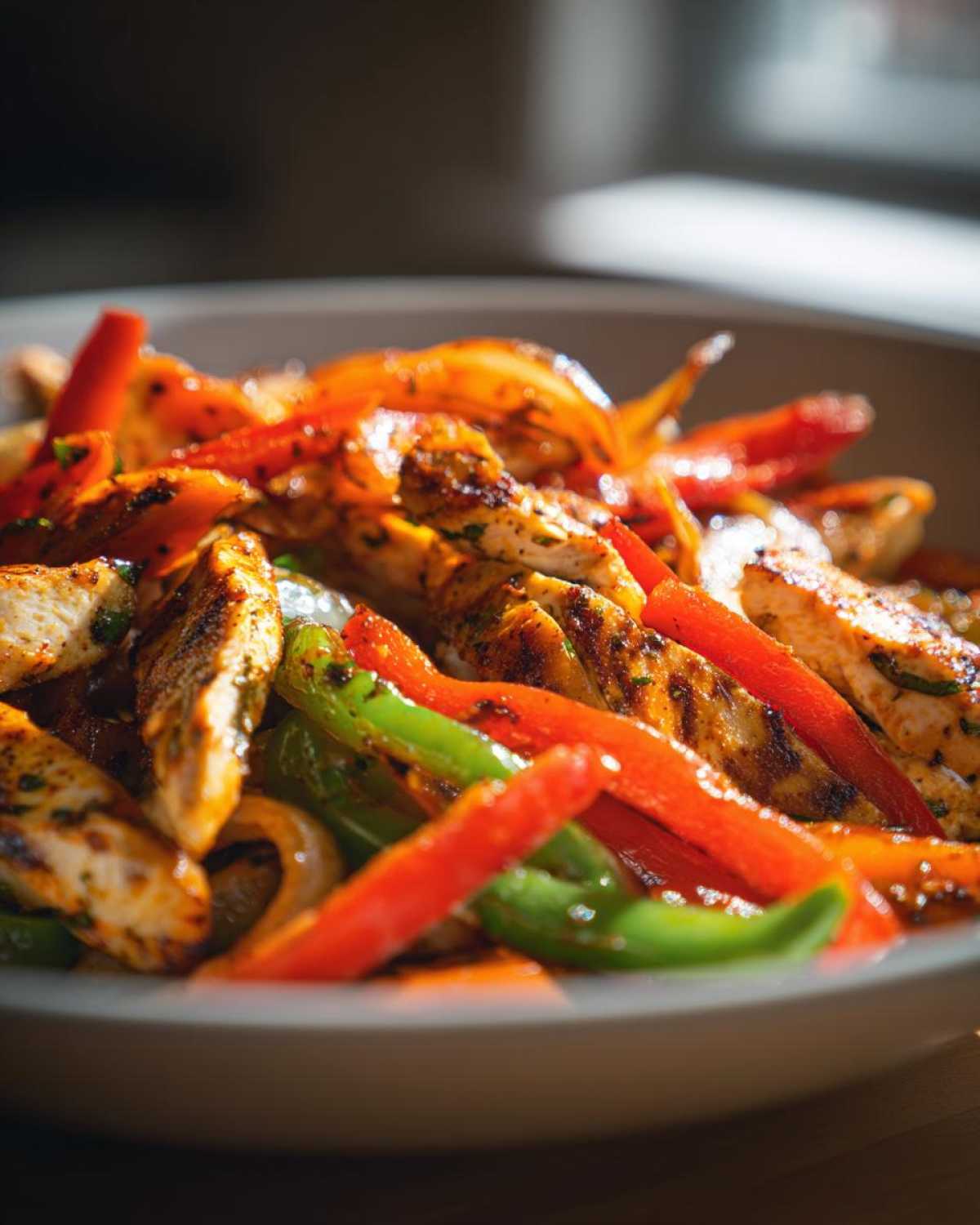 Close-up of seasoned chicken strips mixed with vibrant red and green bell peppers and onions from the One-Pan Chicken Fajitas.