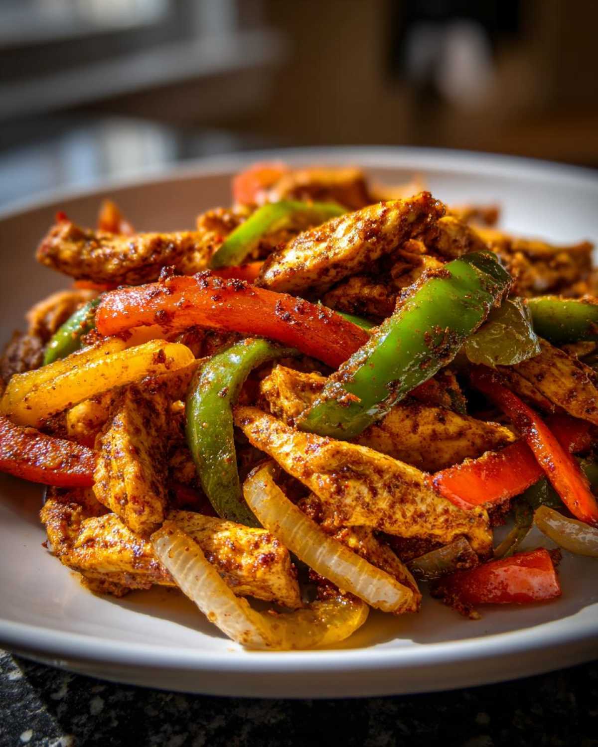 Close-up of seasoned chicken strips mixed with sautéed red, green, and yellow peppers and onions for One-Pan Chicken Fajitas.