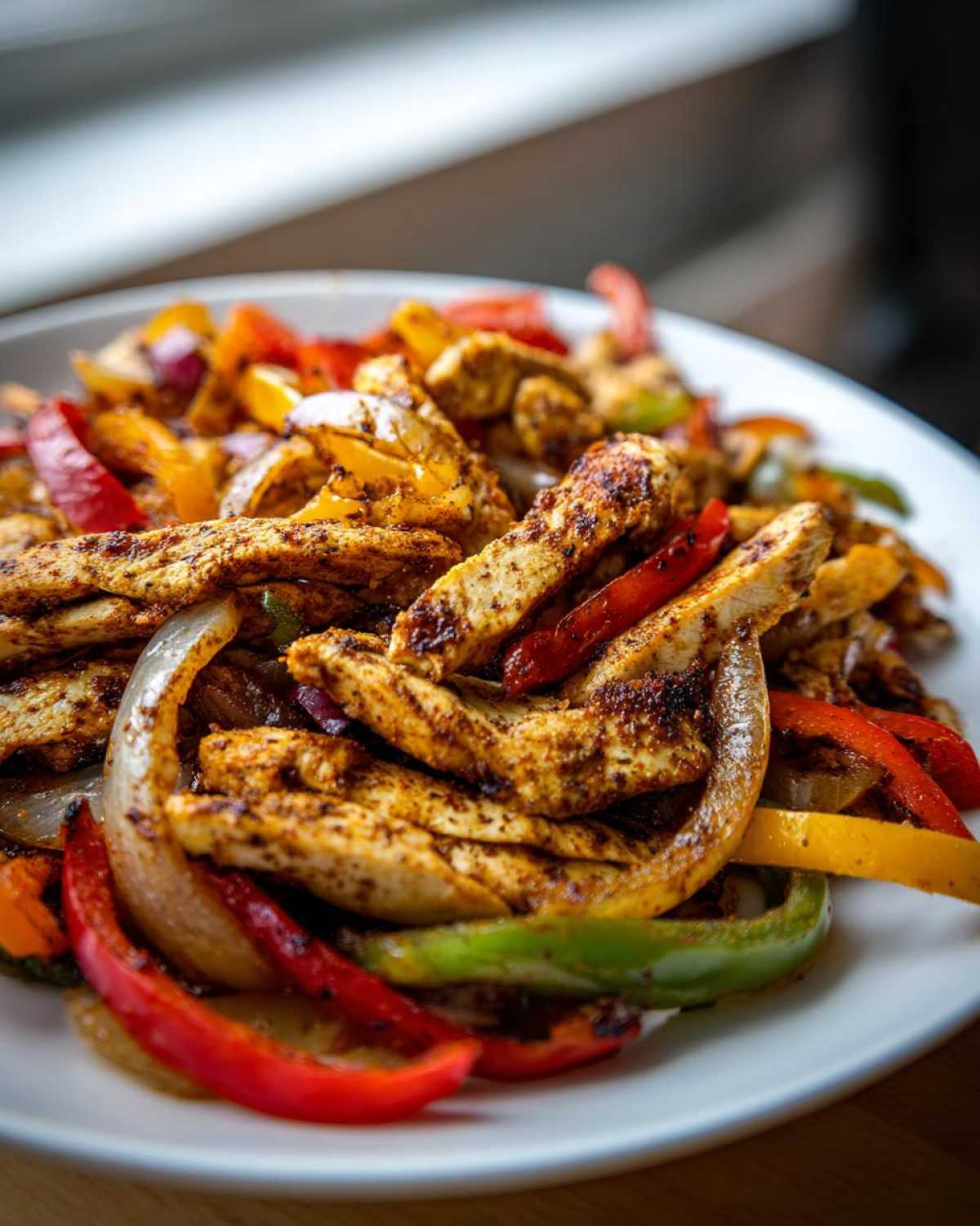 Close-up of seasoned chicken strips mixed with sautéed red, yellow, and green bell peppers and onions for One-Pan Chicken Fajitas.