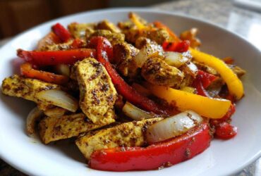 Close-up of seasoned chicken strips mixed with sliced red and yellow peppers and onions from One-Pan Chicken Fajitas.