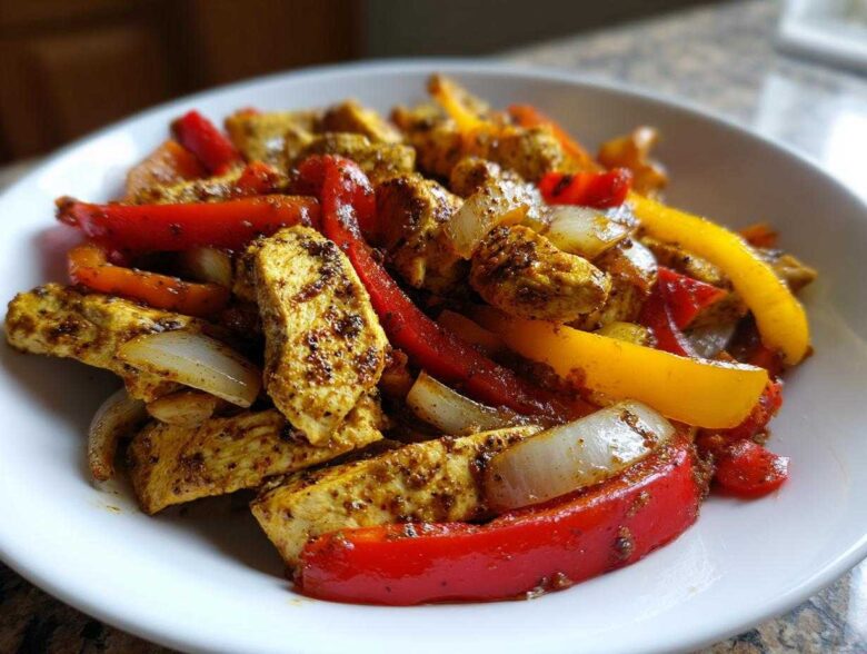 Close-up of seasoned chicken strips mixed with sliced red and yellow peppers and onions from One-Pan Chicken Fajitas.
