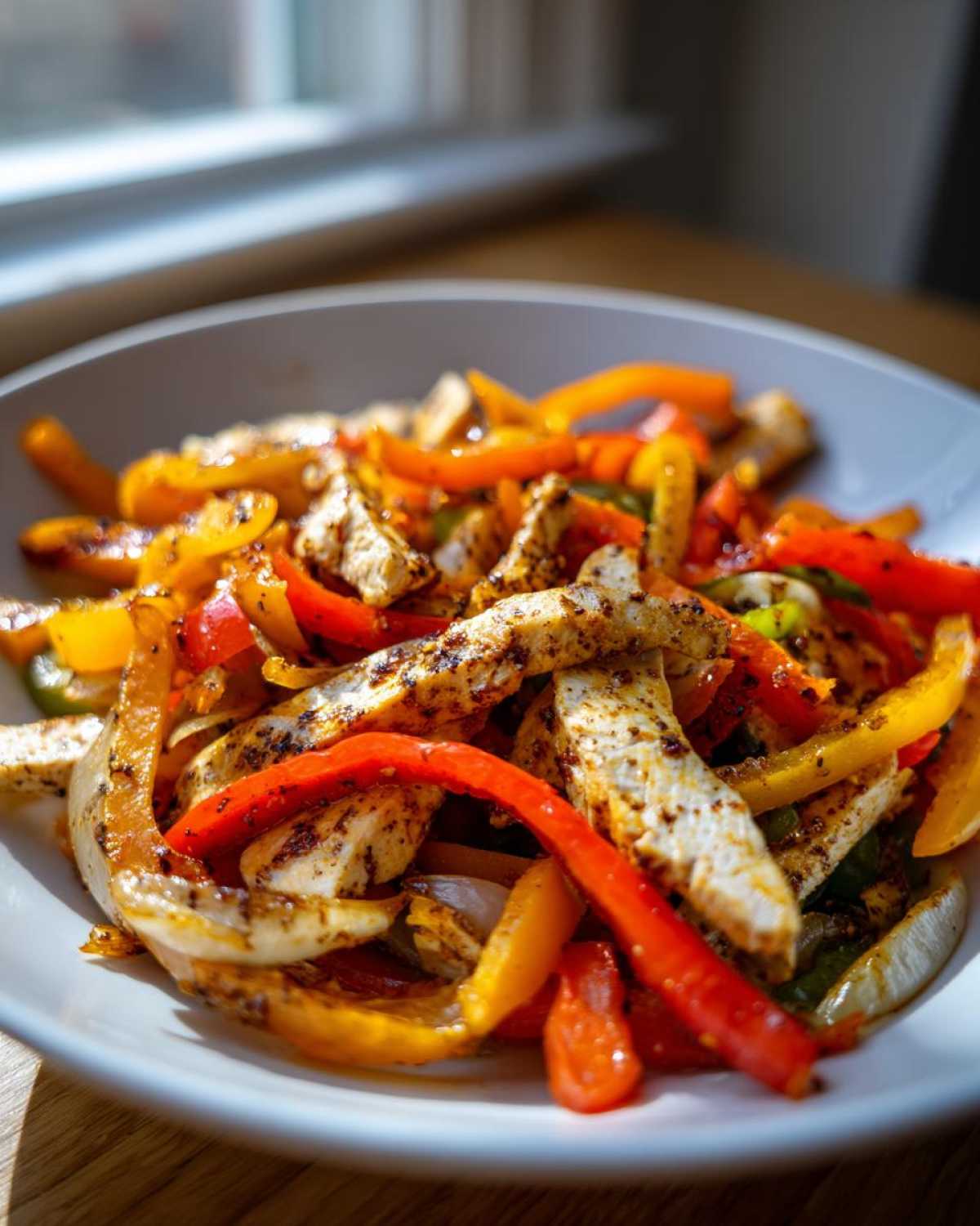 Close-up of seasoned, sliced chicken mixed with colorful sautéed peppers and onions for One-Pan Chicken Fajitas.