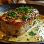 Close-up of a thick, seared pork chop resting in a rich, creamy garlic sauce, topped with fresh parsley.