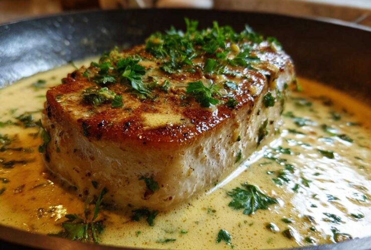 Close-up of a thick, seared pork chop resting in a rich, creamy garlic sauce, topped with fresh parsley.