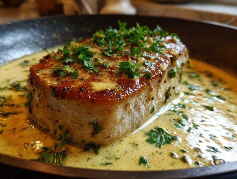 Close-up of a thick, seared pork chop resting in a rich, creamy garlic sauce, topped with fresh parsley.