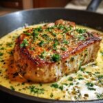 Close-up of a perfectly seared One-Pan Creamy Garlic Pork Chop simmering in rich garlic cream sauce.