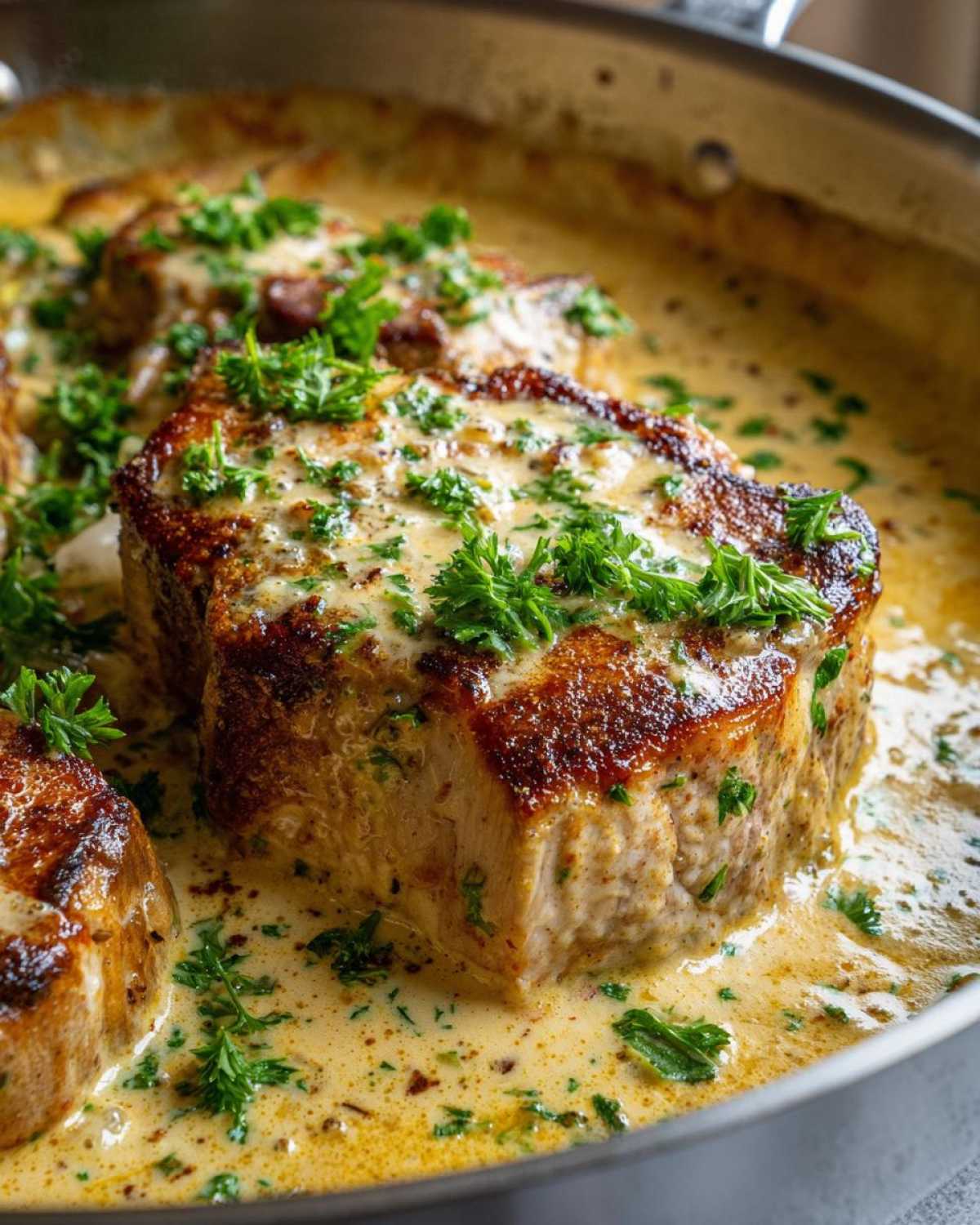 Close-up of seared One-Pan Creamy Garlic Pork Chops covered in rich garlic cream sauce and fresh parsley.