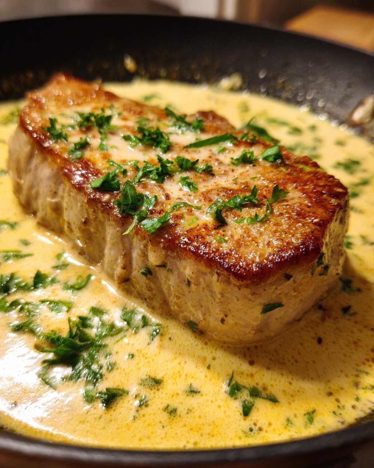 A thick, seared pork chop resting in a rich, creamy garlic sauce, topped with fresh parsley.