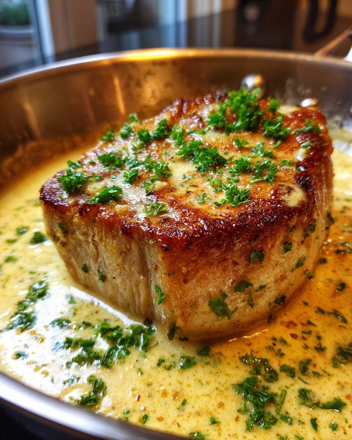 Thick, seared pork chop swimming in a rich, creamy garlic sauce, garnished with fresh parsley.