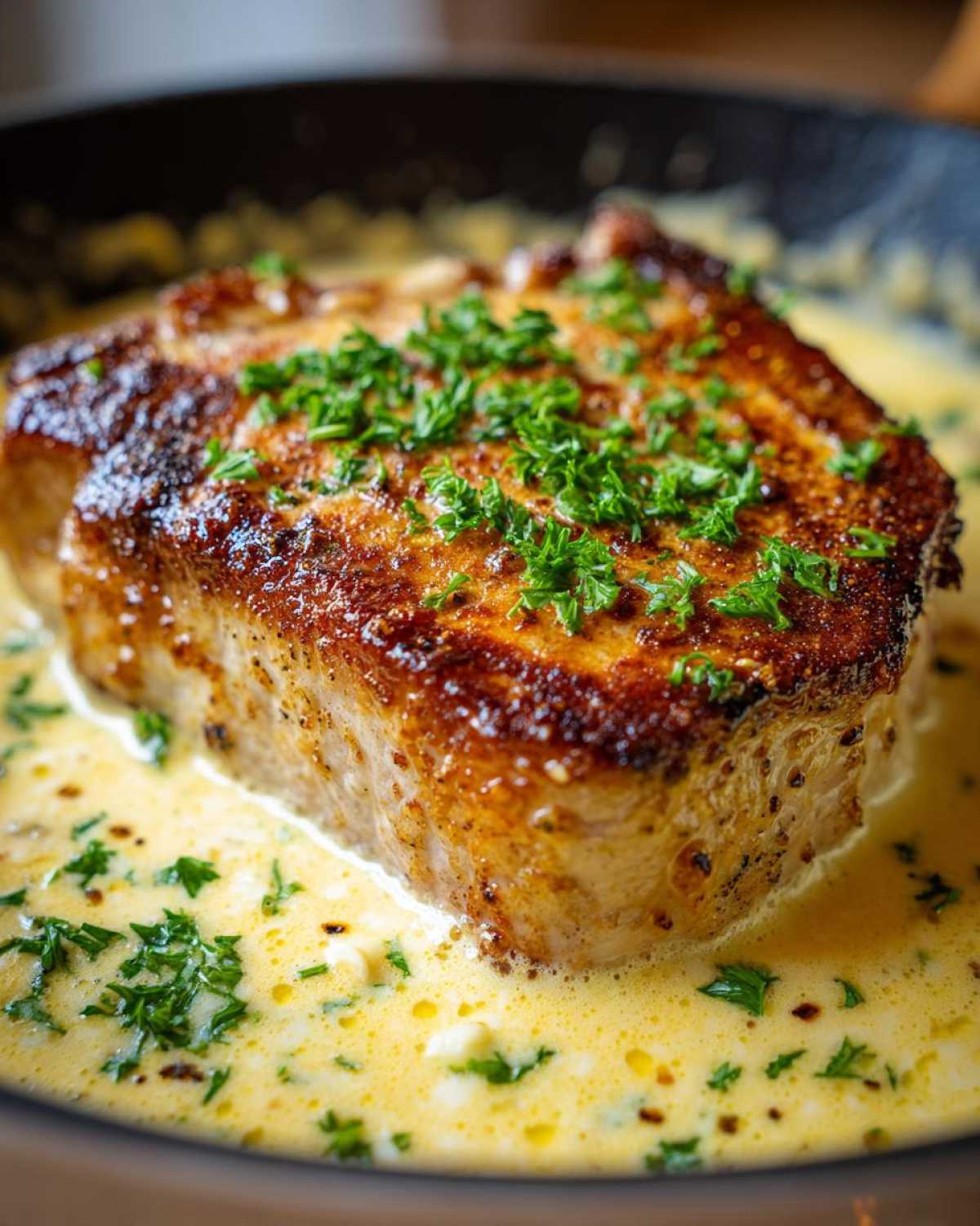 Close-up of a perfectly seared pork chop resting in a rich, creamy garlic sauce, topped with fresh parsley.