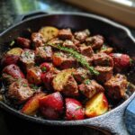 Close-up of juicy One-Pan Garlic Butter Steak Bites and Potatoes in a cast iron skillet, garnished with thyme.