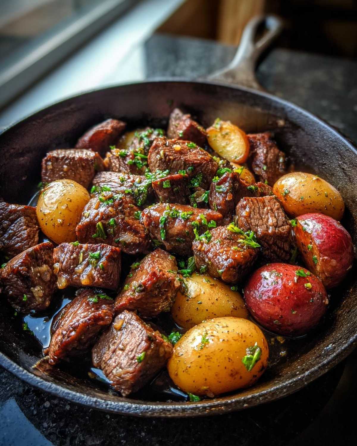 Close-up of One-Pan Garlic Butter Steak Bites and Potatoes garnished with herbs in a cast iron skillet.
