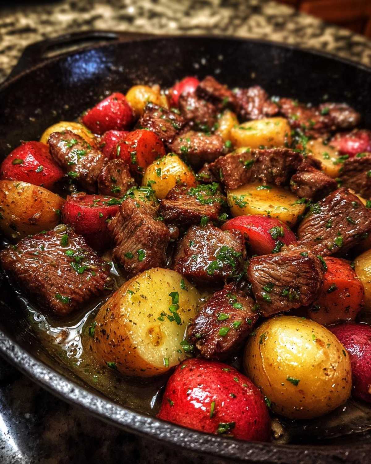 Close-up of savory One-Pan Garlic Butter Steak Bites and Potatoes glistening in sauce.