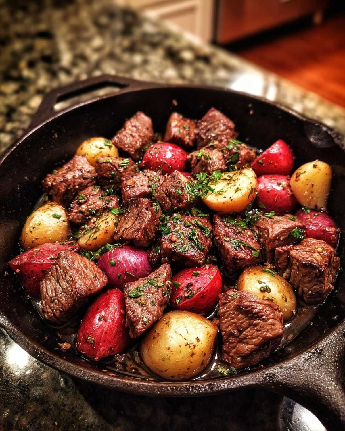 Close-up of One-Pan Garlic Butter Steak Bites and Potatoes seasoned with herbs in a cast iron skillet.