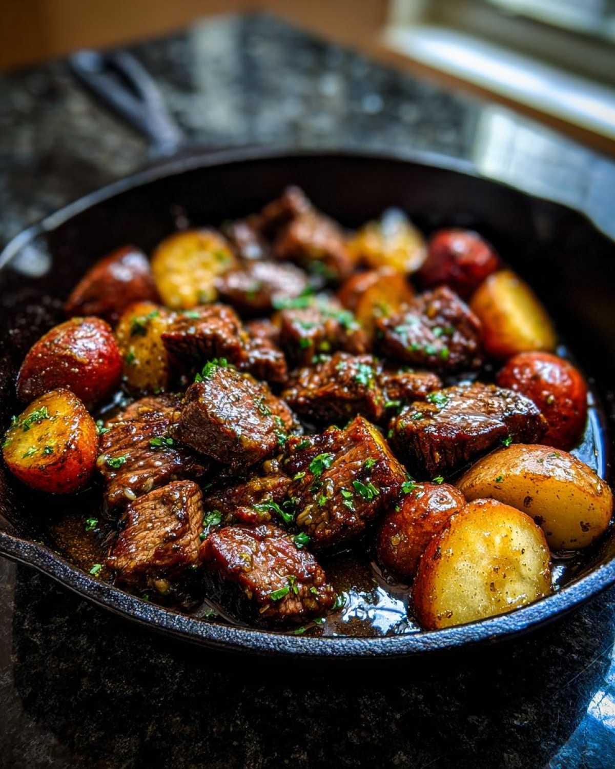 Close-up of juicy One-Pan Garlic Butter Steak Bites and Potatoes glistening in a cast iron skillet.