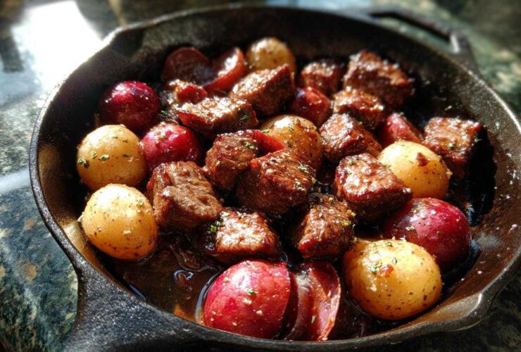 Close-up of juicy steak bites and small red and yellow potatoes cooked in garlic butter in a cast iron skillet.