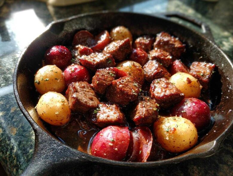 Close-up of juicy steak bites and small red and yellow potatoes cooked in garlic butter in a cast iron skillet.