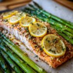 Close-up of One-Pan Lemon Garlic Salmon with Asparagus topped with lemon slices and herbs.