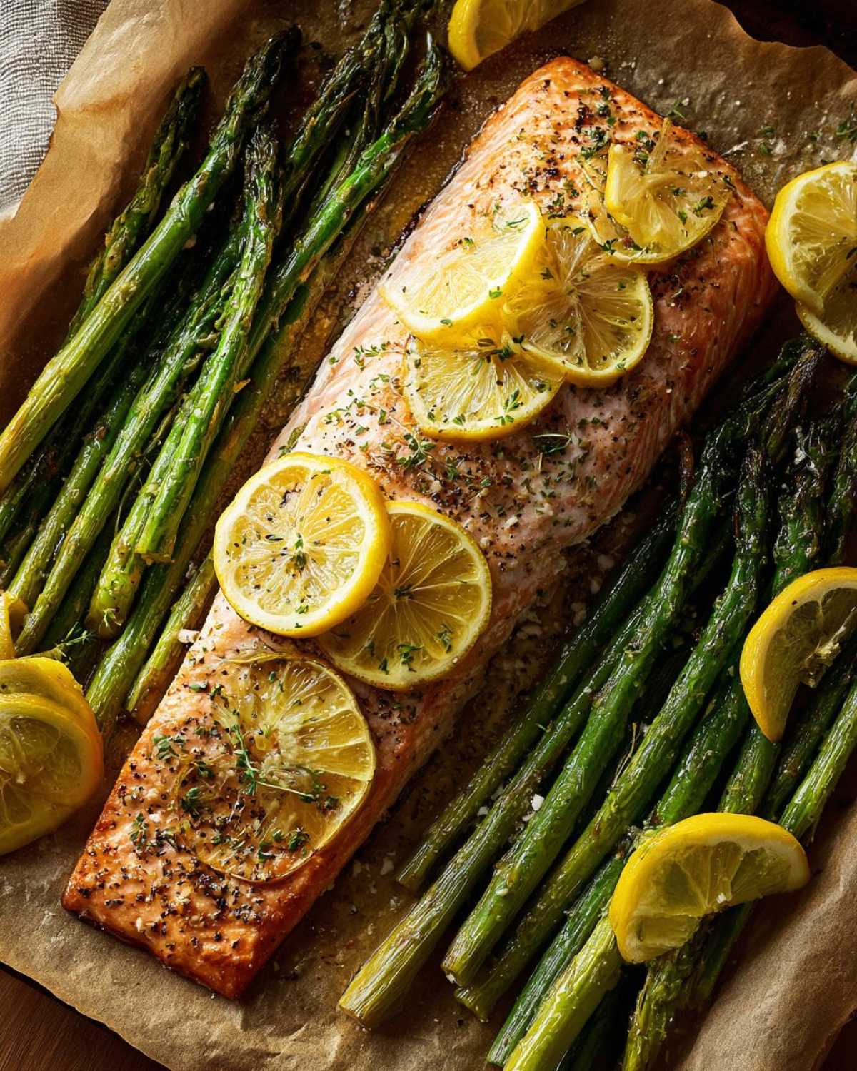 Close-up of One-Pan Lemon Garlic Salmon with roasted asparagus spears and lemon slices.