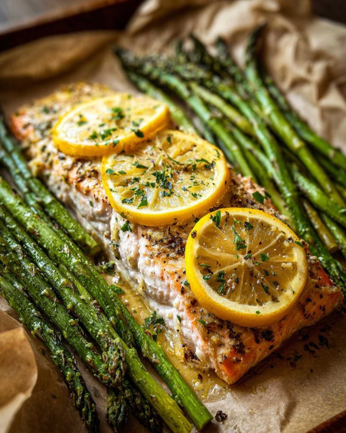 A close-up of One-Pan Lemon Garlic Salmon with Asparagus, topped with lemon slices and herbs.