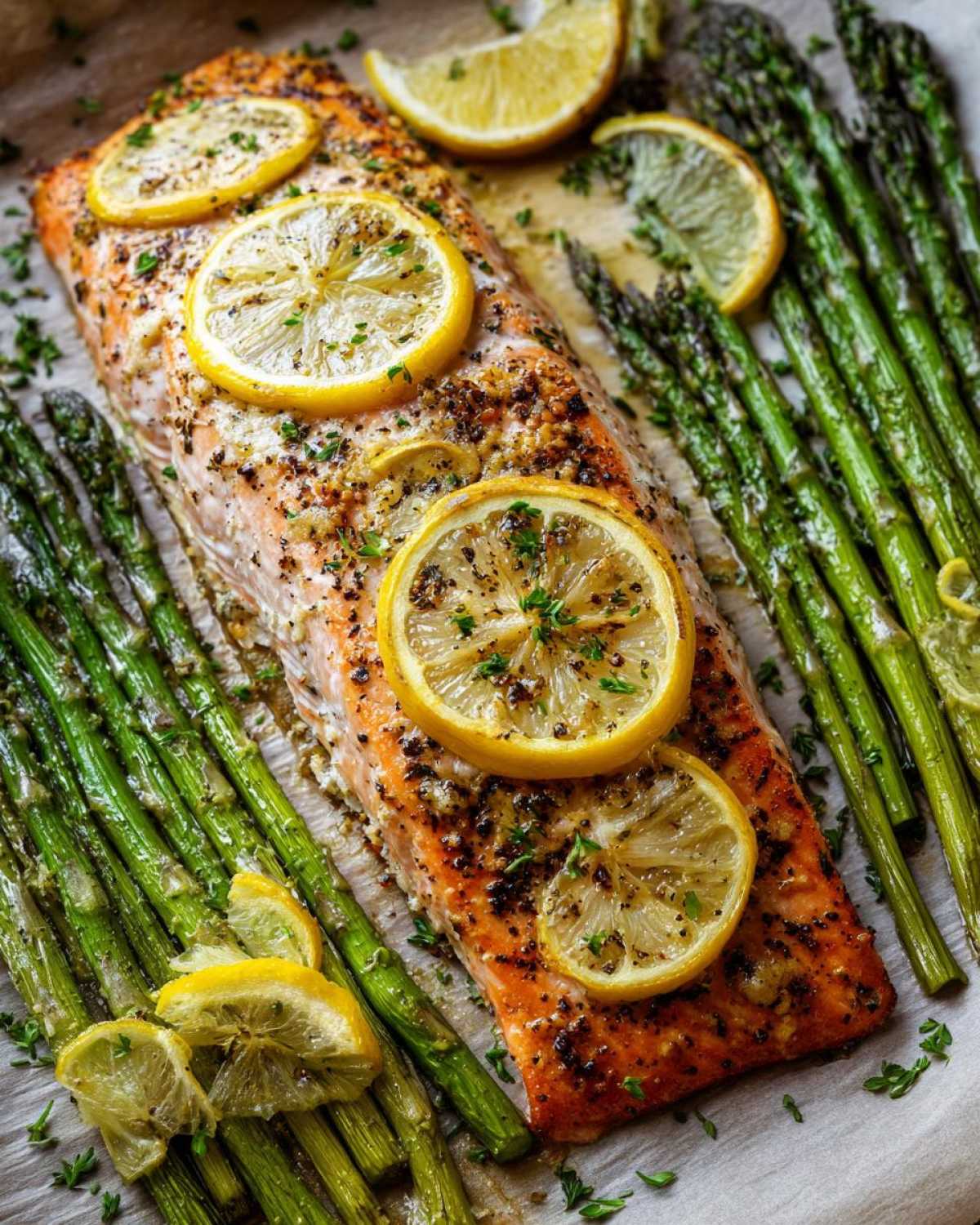 Close-up of baked One-Pan Lemon Garlic Salmon with Asparagus topped with lemon slices and herbs.