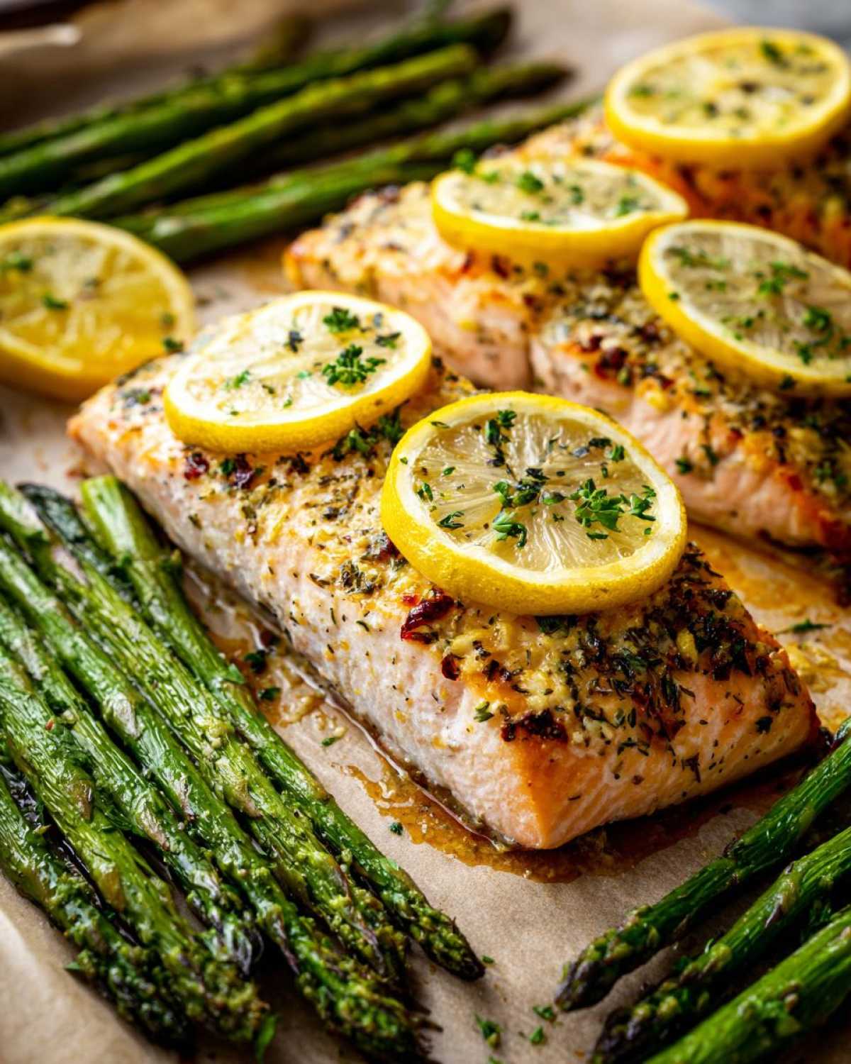 Close-up of baked One-Pan Lemon Garlic Salmon with Asparagus, topped with lemon slices and herbs.