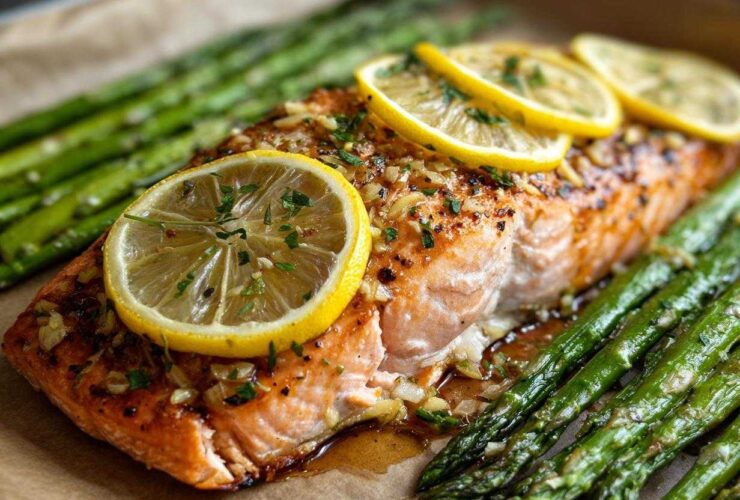 Close-up of a perfectly cooked One-Pan Lemon Garlic Salmon with asparagus spears and lemon slices.