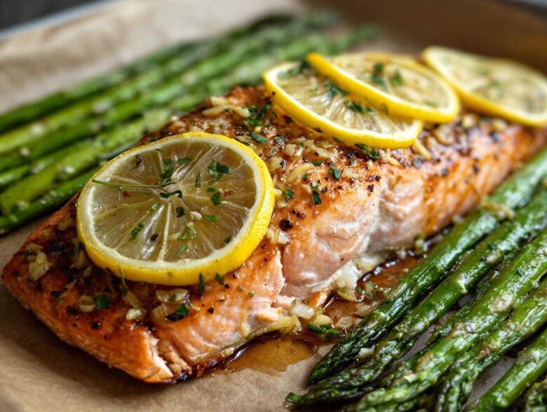 Close-up of a perfectly cooked One-Pan Lemon Garlic Salmon with asparagus spears and lemon slices.