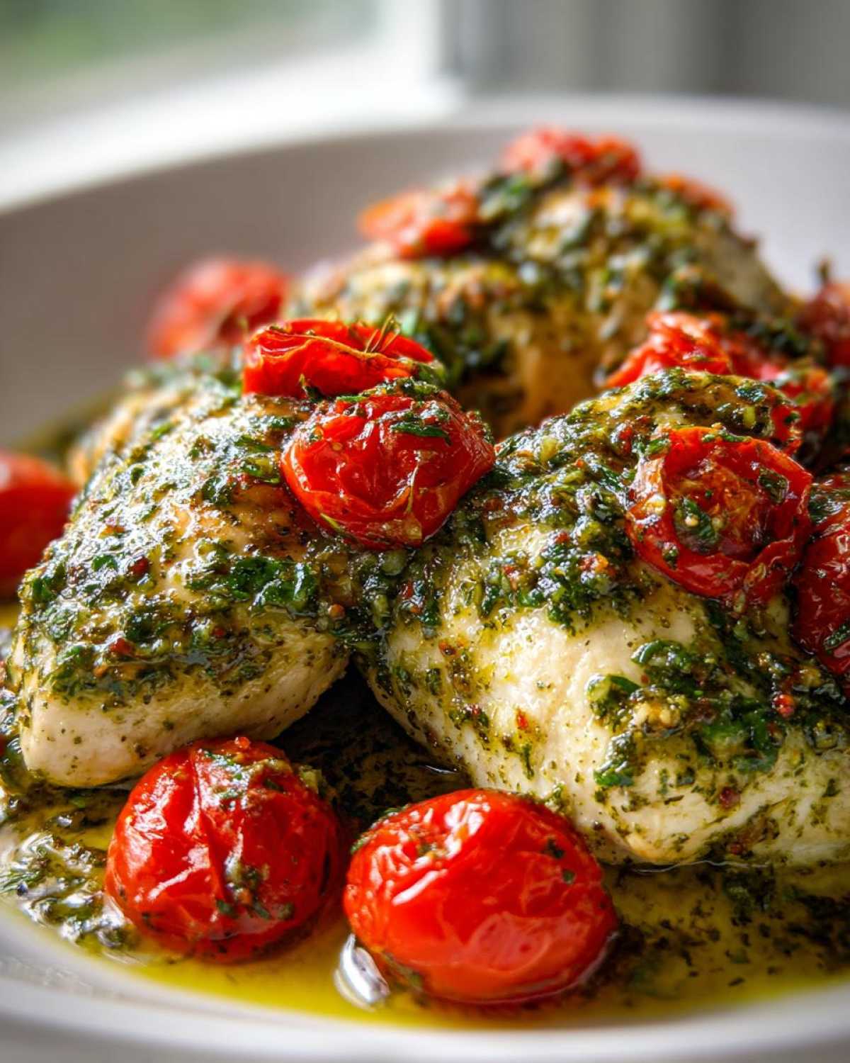 Juicy chicken breasts covered in bright green pesto sauce and roasted cherry tomatoes, part of the One-Pan Pesto Chicken with Tomatoes recipe.