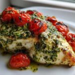 A juicy chicken breast topped with vibrant green pesto and roasted cherry tomatoes, ready to eat.