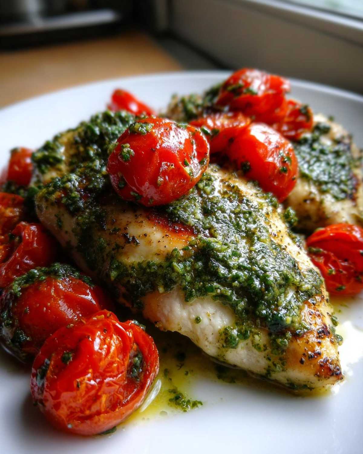 Close-up of a perfectly cooked chicken breast topped with vibrant green pesto and roasted cherry tomatoes, part of the One-Pan Pesto Chicken with Tomatoes recipe.