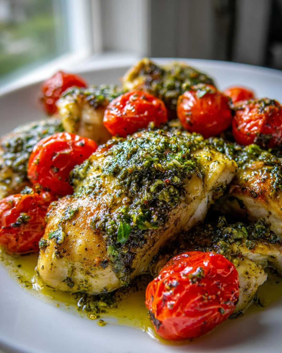 Juicy pieces of One-Pan Pesto Chicken with Tomatoes, glistening with pesto sauce and oil.