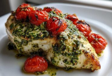 A juicy chicken breast topped with vibrant green pesto and roasted cherry tomatoes, ready to eat.