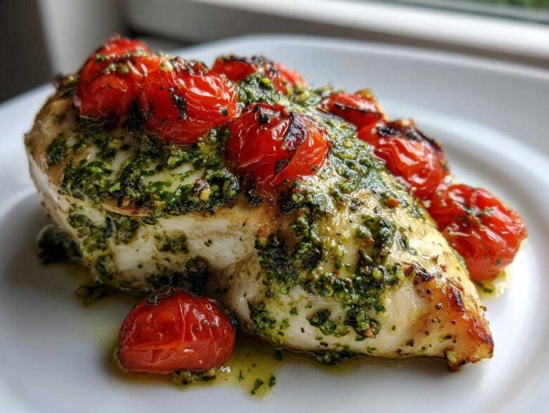 A juicy chicken breast topped with vibrant green pesto and roasted cherry tomatoes, ready to eat.