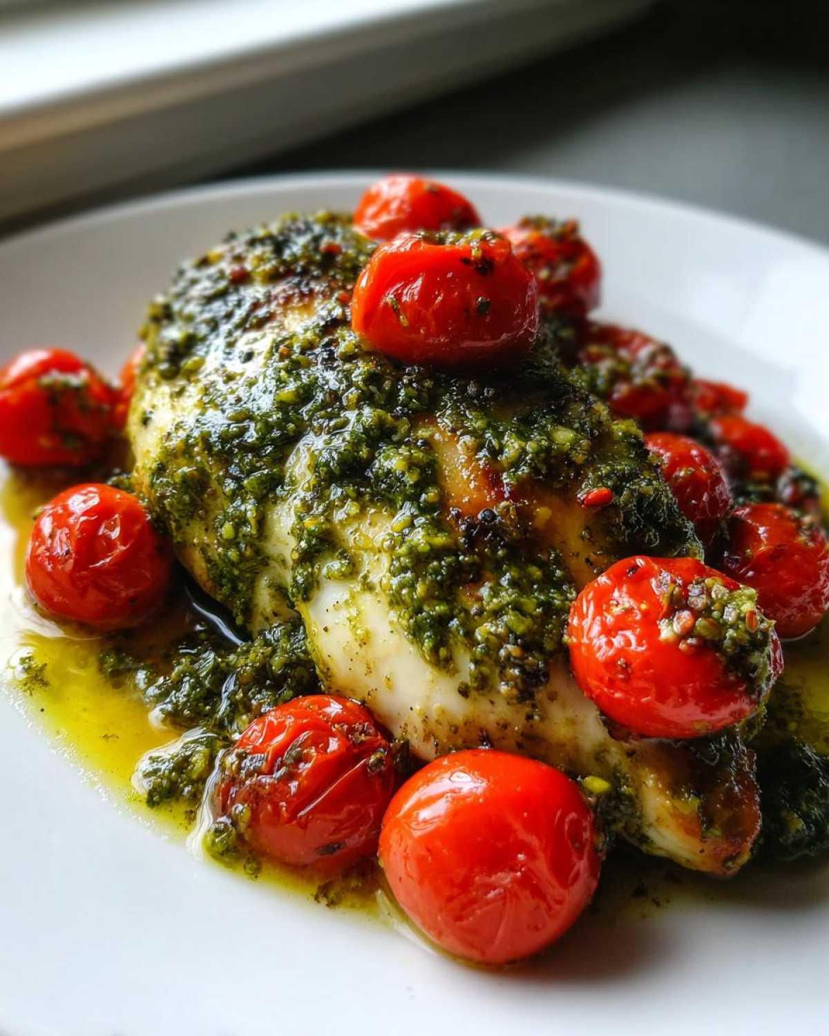 A juicy chicken breast covered in green pesto sauce and surrounded by roasted cherry tomatoes, part of the One-Pan Pesto Chicken with Tomatoes.